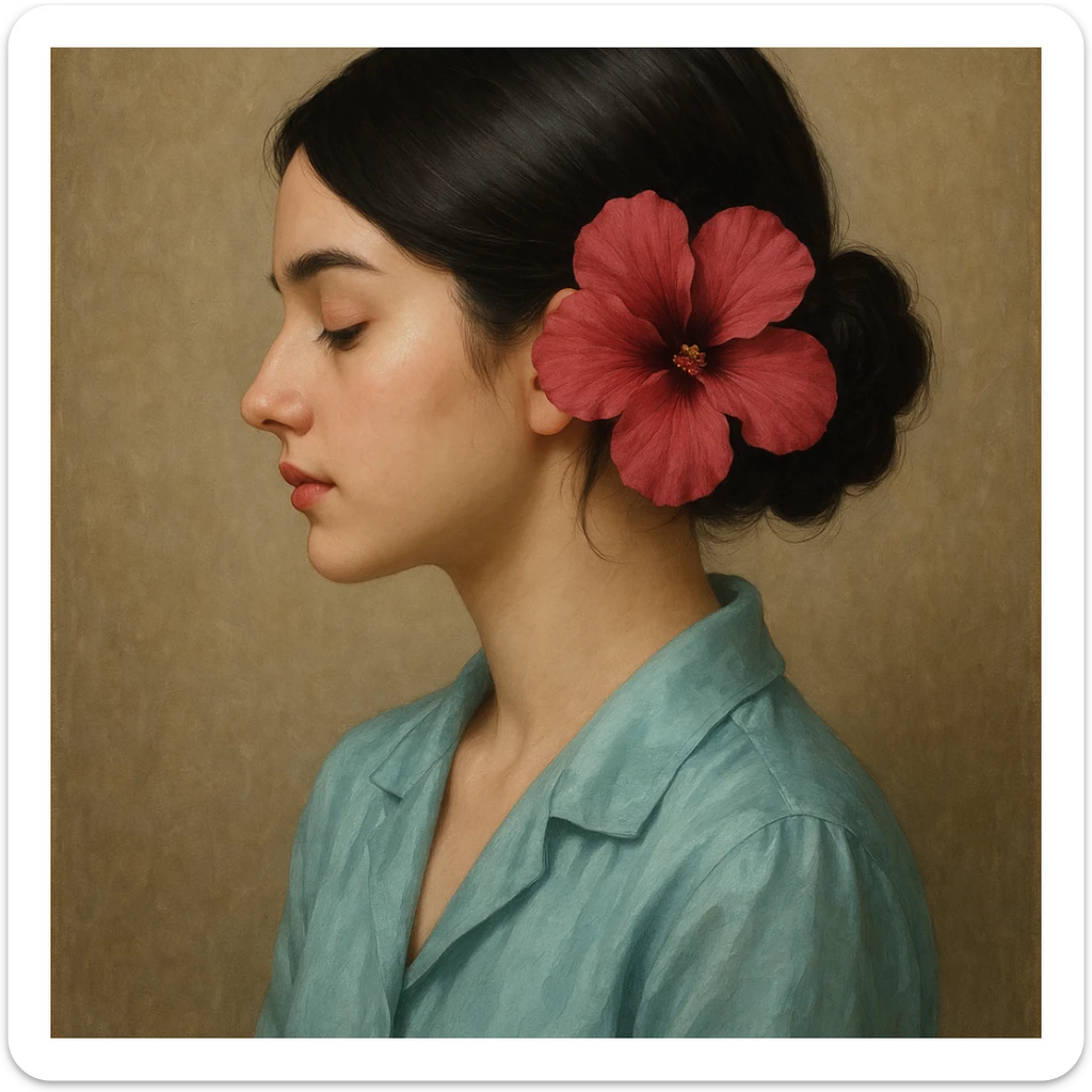 portrait of a black-haired girl with a neat low bun and side hair, face in profile, wearing a light sea blue silk shirt, adorned with a dark pink hibiscus flower, gentle style sticker