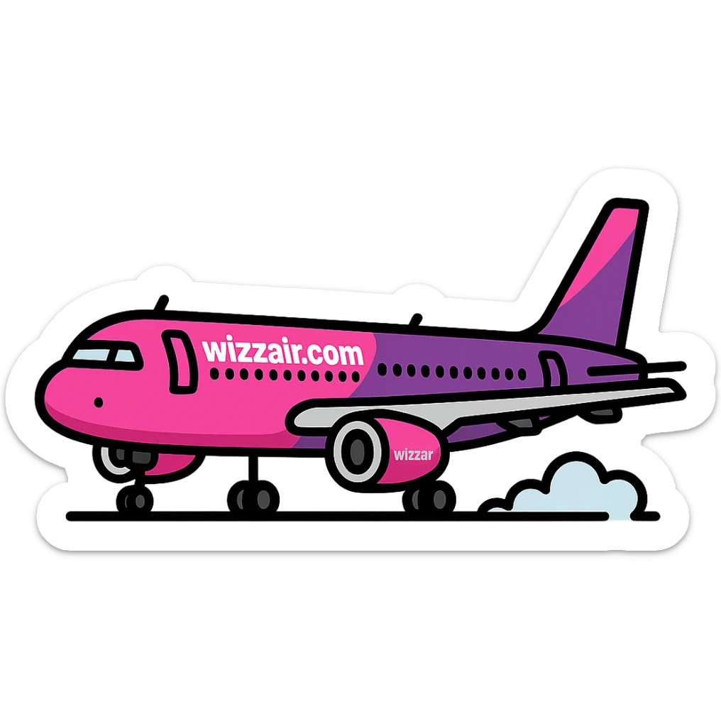 Add the text 'wizzair.com' onto the airplane, keeping the Wizz Air Airbus A320 design and style consistent in a lineal color icon with black outlines style. sticker