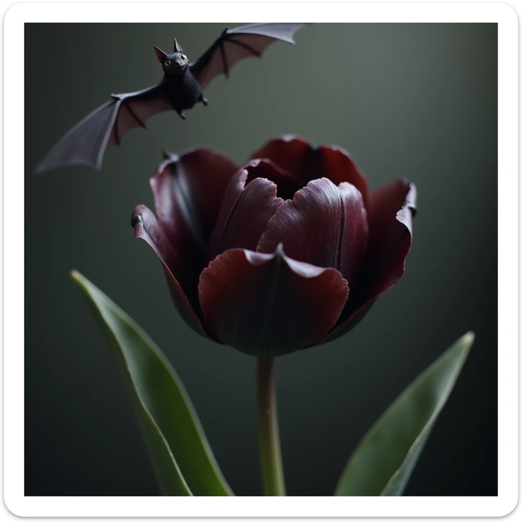 realistic goth tulip with black petals and bat flying above, photorealistic style sticker