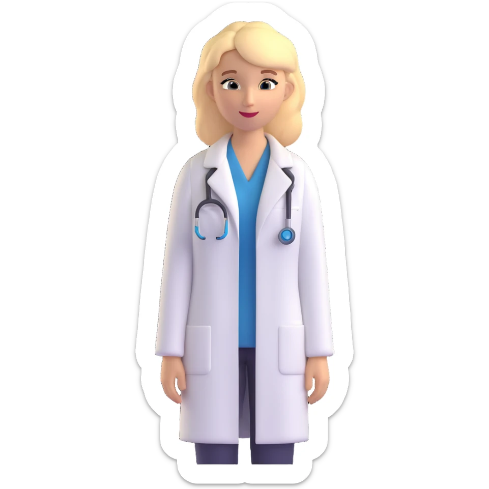 blonde caucasian woman in white dress shirt and white lab coat sticker