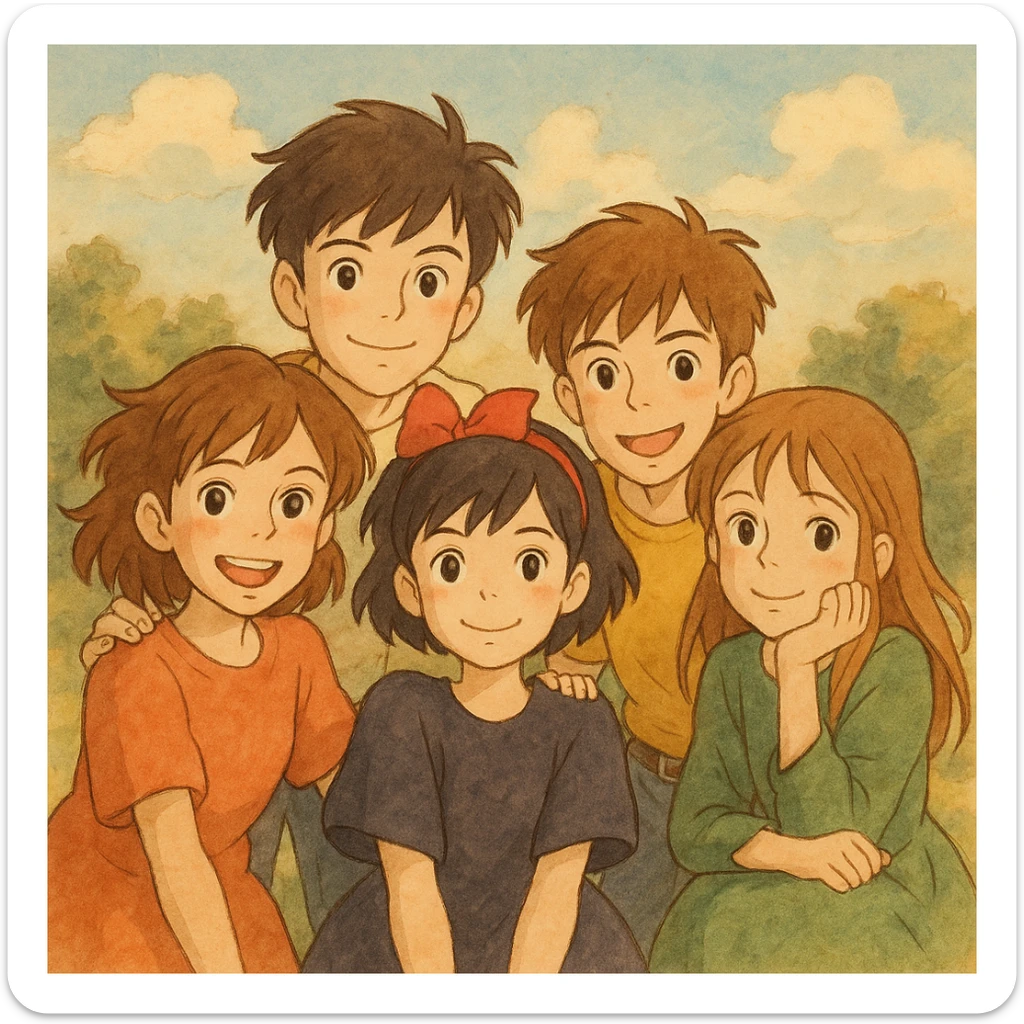 A group of three girls and two boys posing together as friends, in a warm, whimsical Ghibli-inspired illustration, with soft lighting and gentle colors, evoking a sense of camaraderie and adventure. sticker