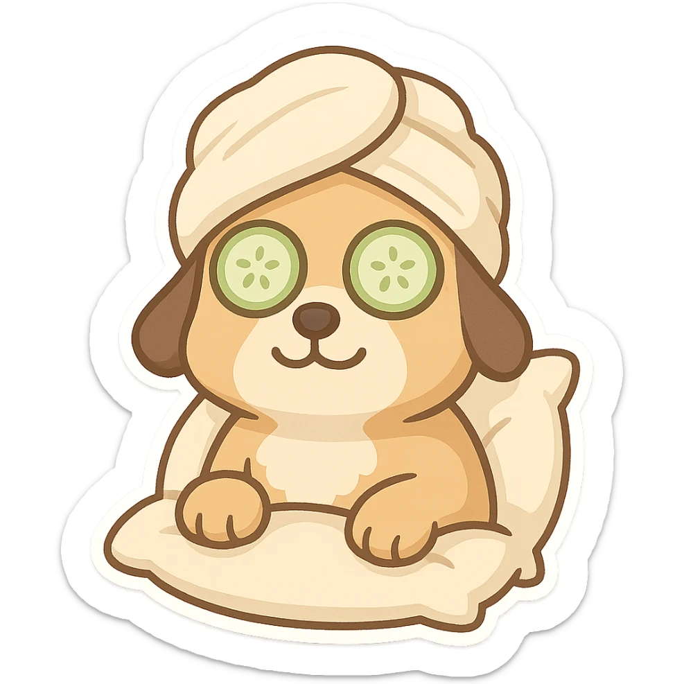 Relaxed dog with cucumber slices on eyes, towel wrapped on head and pillow sticker