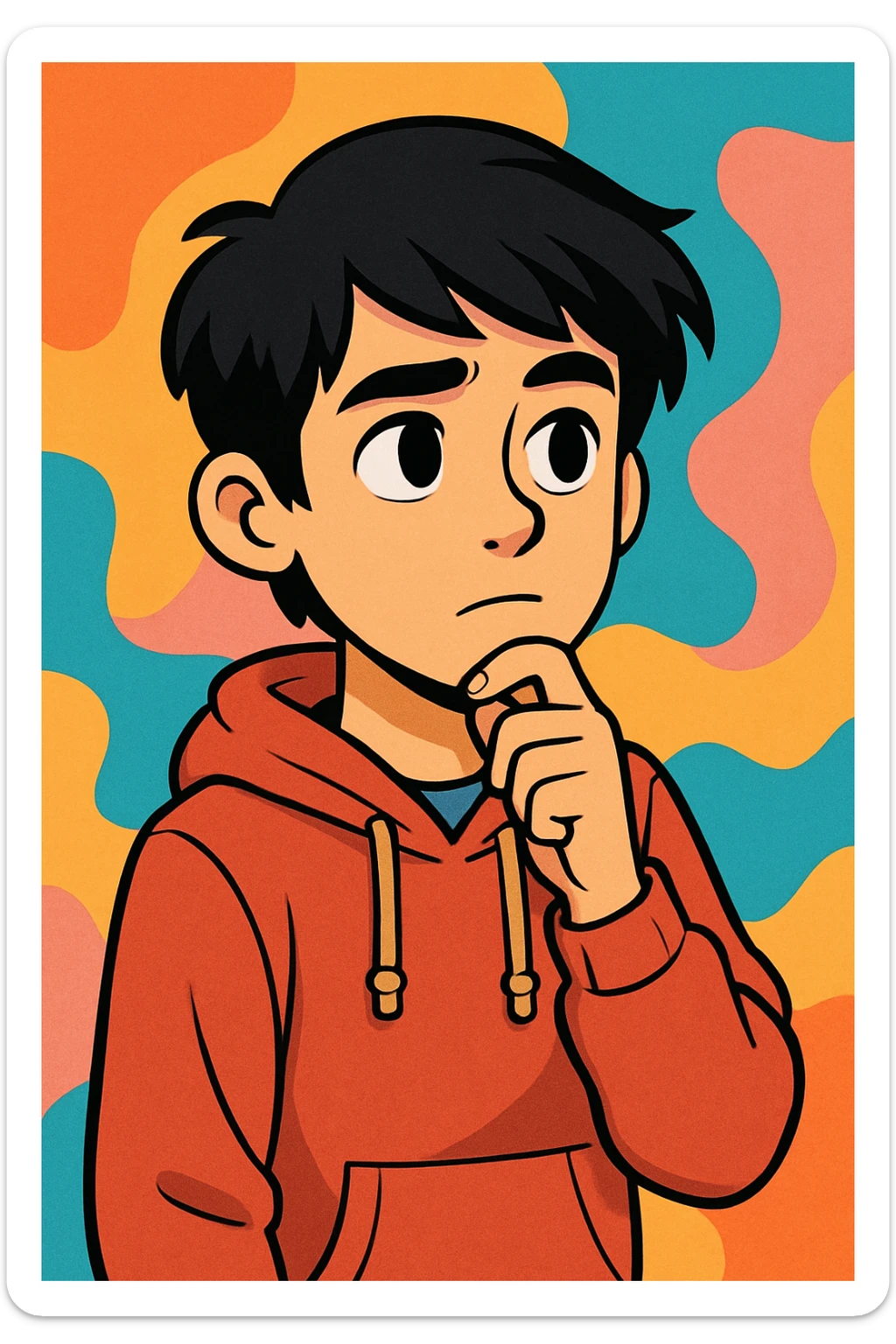 cartoon style portrait of an 18 year old young person with black hair, thoughtful expression, youthful clothing, colorful background sticker