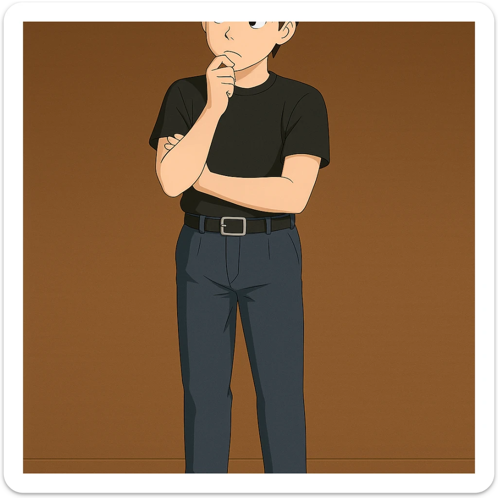 Make the Ghibli style man in the same outfit, full body from feet to head, standing and thinking with his hand on his chin. sticker