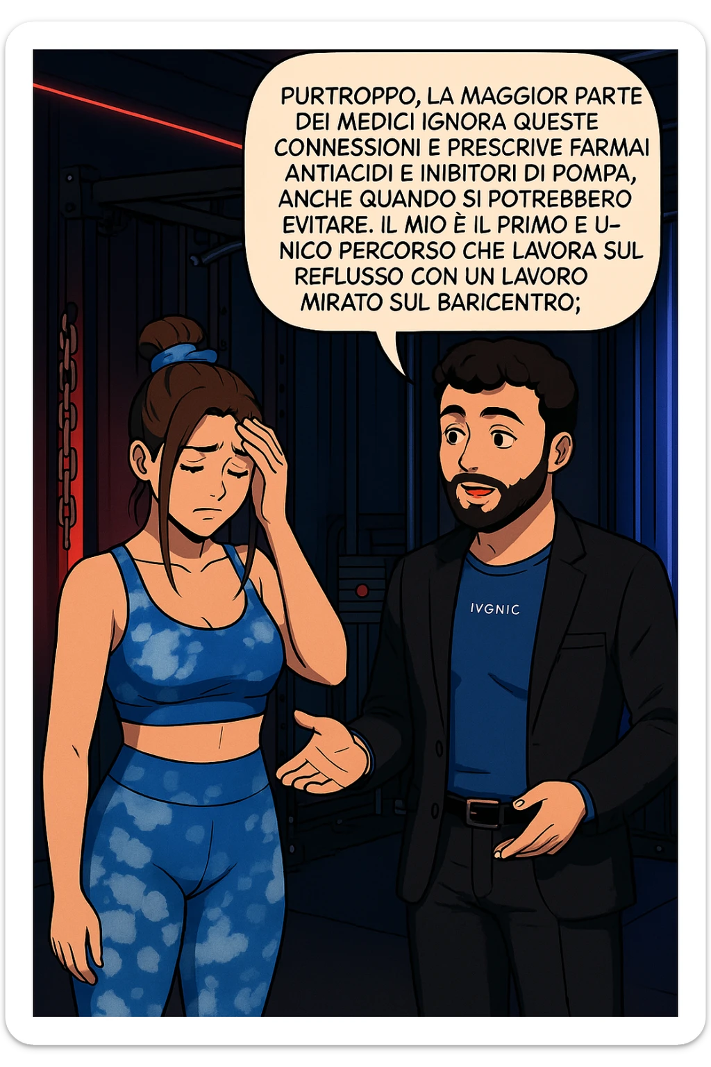 TRASFORMA QUESTO CAROSELLO IN UN FUMETTO STILE WEBTOON/MANGA A COLORI CON QUESTE DUE PERSONE IDENTICHE CHE INTERLOQUISCONO TRA LORO, L'uomo sta spiegando alla donna questo concetto MENTRE LA DONNA SI TIENE la mano sulla fronte sconcertata:

LUI (UOMO): Purtroppo, la maggior parte dei medici ignora queste connessioni e prescrive farmaci antiacidi e inibitori di pompa, anche quando si potrebbero evitare.
Il mio è il primo e unico percorso che lavora sul reflusso con un lavoro mirato sul baricentro; sticker