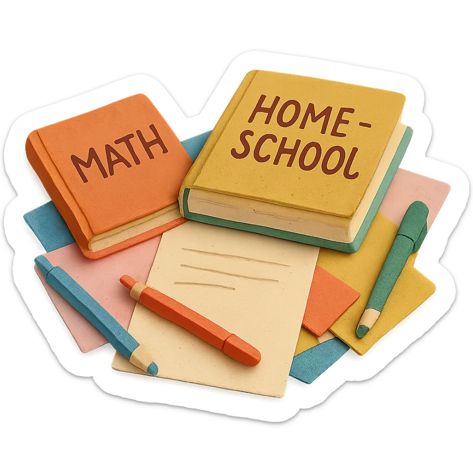 cartoon style scene with lots of paper, pens, and homeschool books spread out on a table sticker