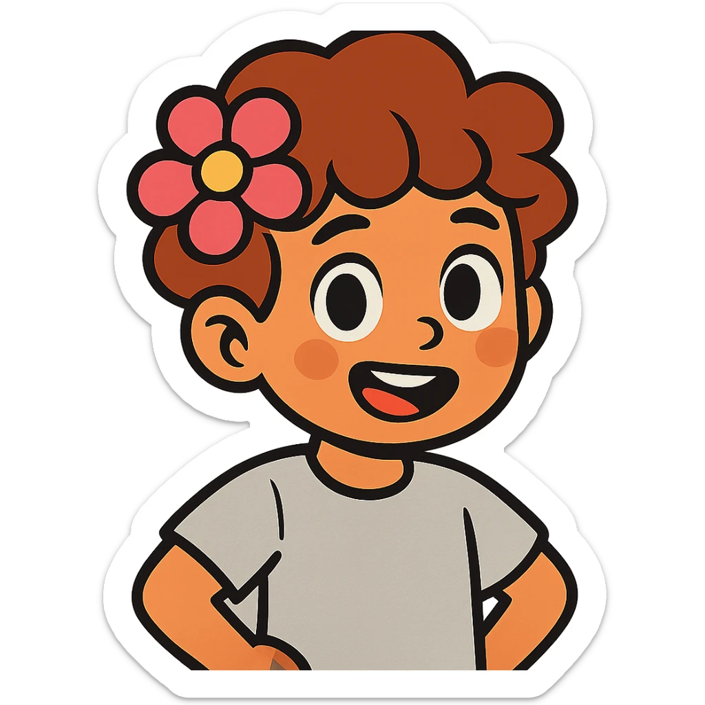a boy with fluffy, wavy short hair and brown eyes, wearing a light grey t-shirt and a light pink flower on his head, cartoon style sticker
