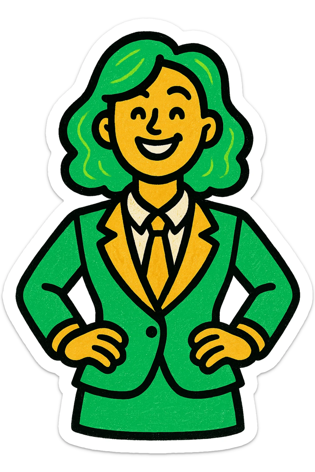 woman in a suit, professional style, green gold and white color scheme, bold and clear, suitable for digital use sticker