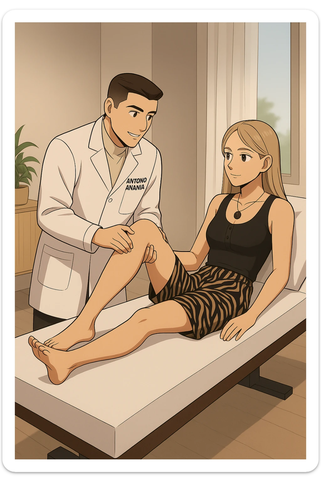 fai un webtoon/manga a colori con questo kinesiologo in camice bianco (fagli la scritta "ANTONIO ANANIA" SUL CAMICE) CHE SVOLGE UN TEST NEUROMUSCOLARE SOLLEVANDO UNA GAMBA ALLA RAGAZZA CHE è STESA SU UN LETTINO BIANCO. STANZA SEMPLICE E MODERNA, DURANTE IL TEST I DUE DIALOGANO TRA LORO. NON FARE I FUMETTI, FAI SOLO LORO COME SE DIALOGASSERO sticker