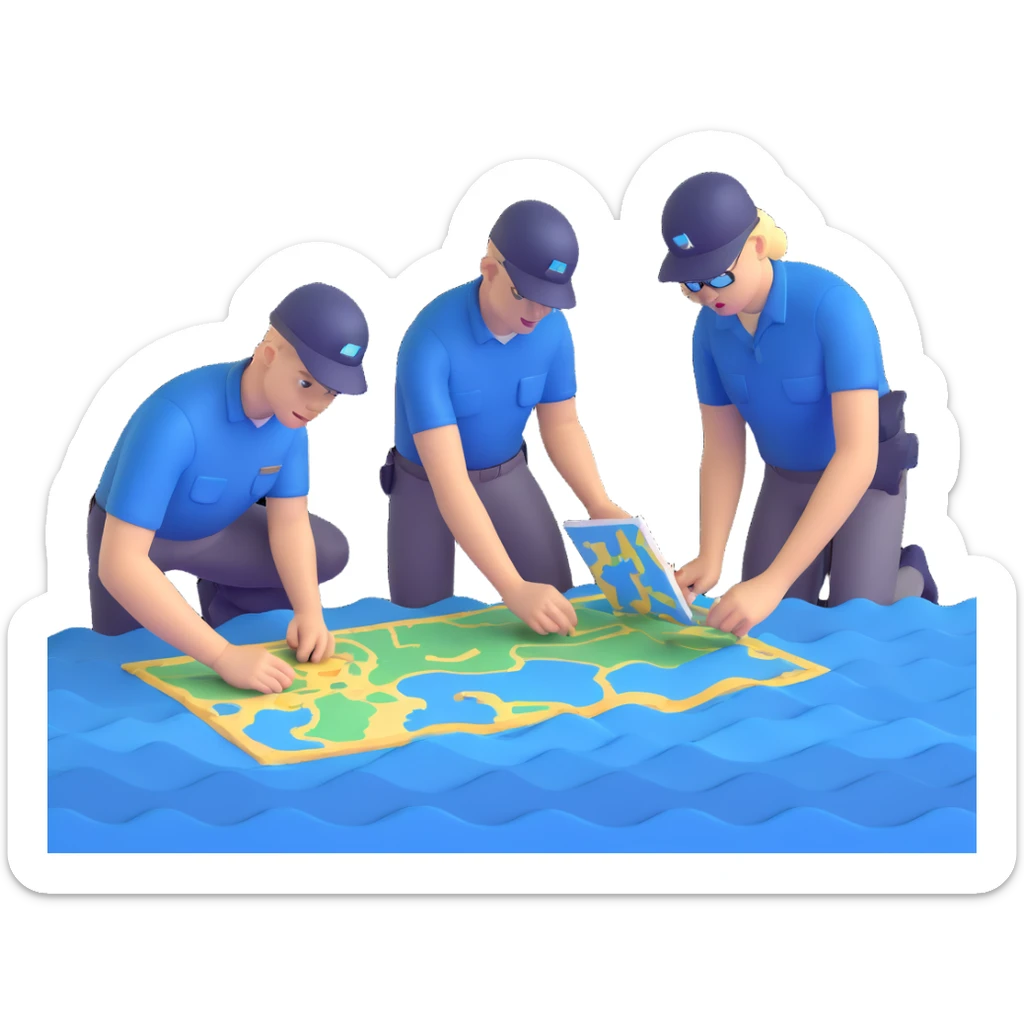 Team of marine geologists examining 3D maps of underwater terrain created from sonar data sticker