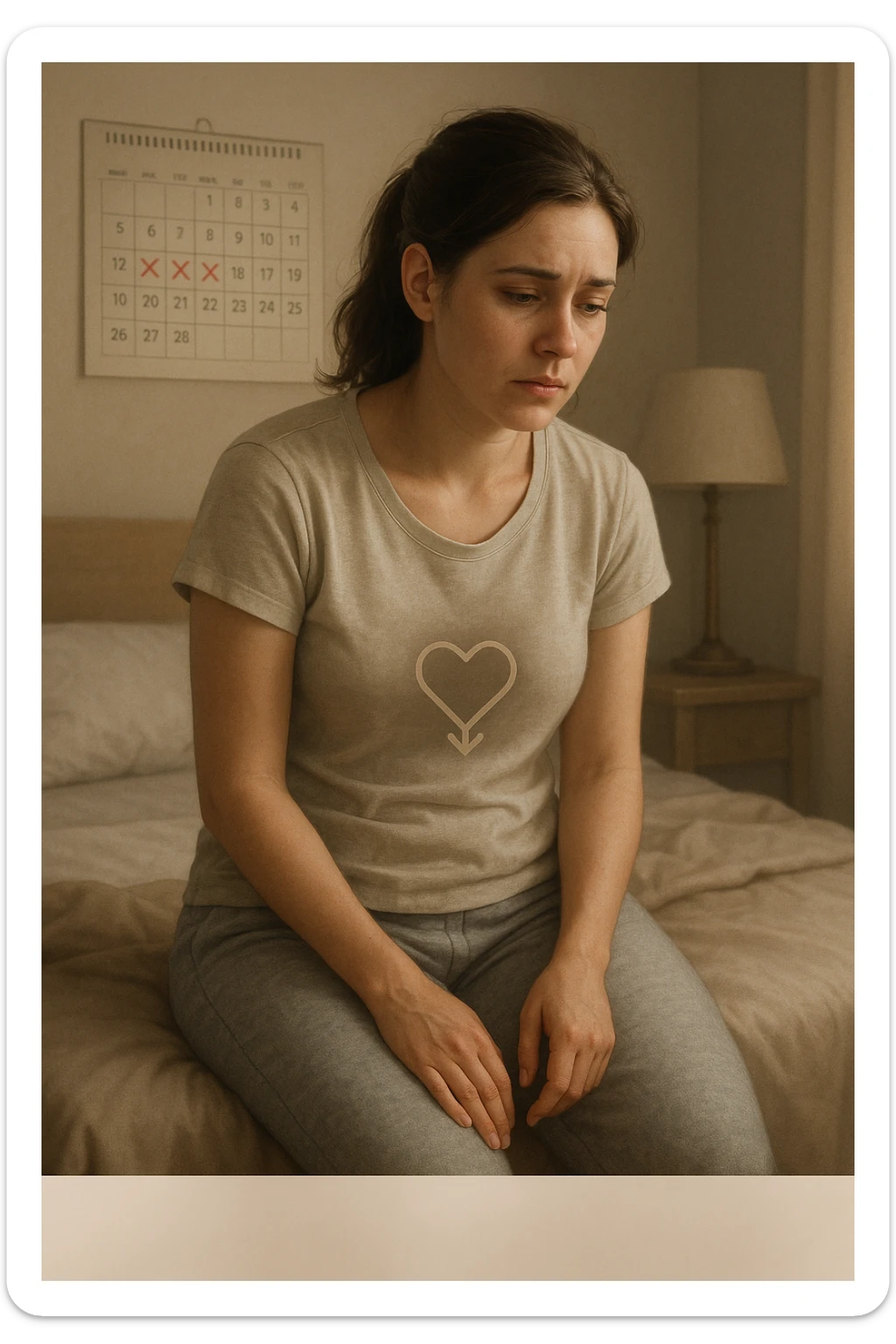 3D realistic medical illustration: a young woman in her 20s or 30s sits on the edge of a bed in a softly lit bedroom, looking thoughtful and slightly concerned. She wears comfortable loungewear, her posture is slouched, and her expression is subdued. Subtle visual cues—such as a faded calendar with missed menstrual cycles and a dimmed heart or energy icon near her abdomen—symbolize low libido and amenorrhea. The scene is realistic, intimate, and empathetic. sticker