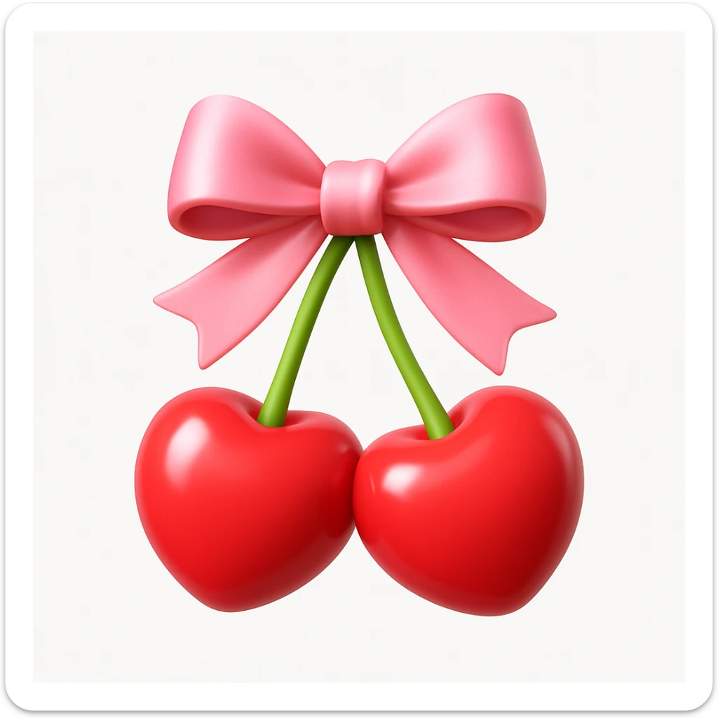 3D iOS style emoji of two cherries tied together with a pink bow, as if they were a gift. The cherries should have a glossy, vibrant appearance with a slight shine to give them a realistic yet stylized look. The stems of the cherries should be visible and green, adding a touch of realism. The bow should be neatly tied, with its ribbons flowing naturally. The overall image should convey a sense of cuteness and celebration. sticker