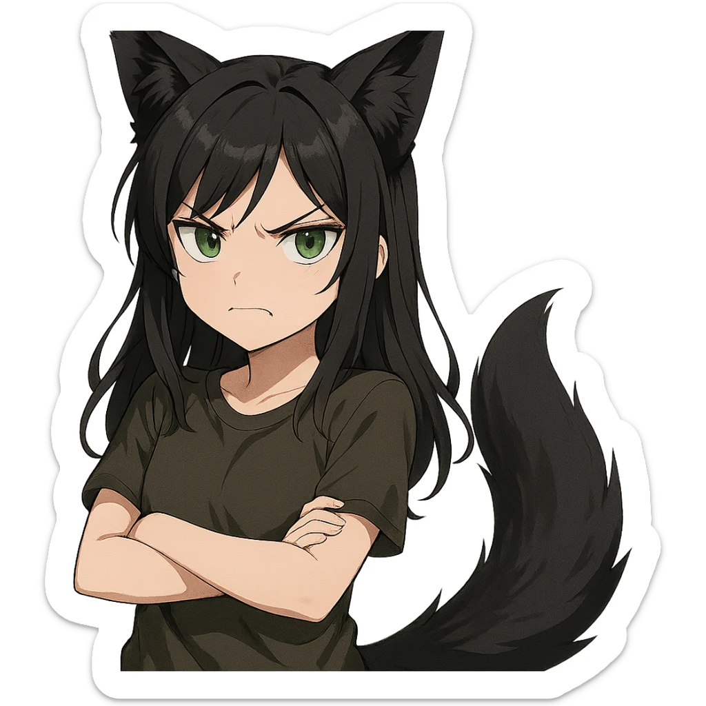A girl with black fox ears and a tail, green eyes, dark hair, looking angry sticker