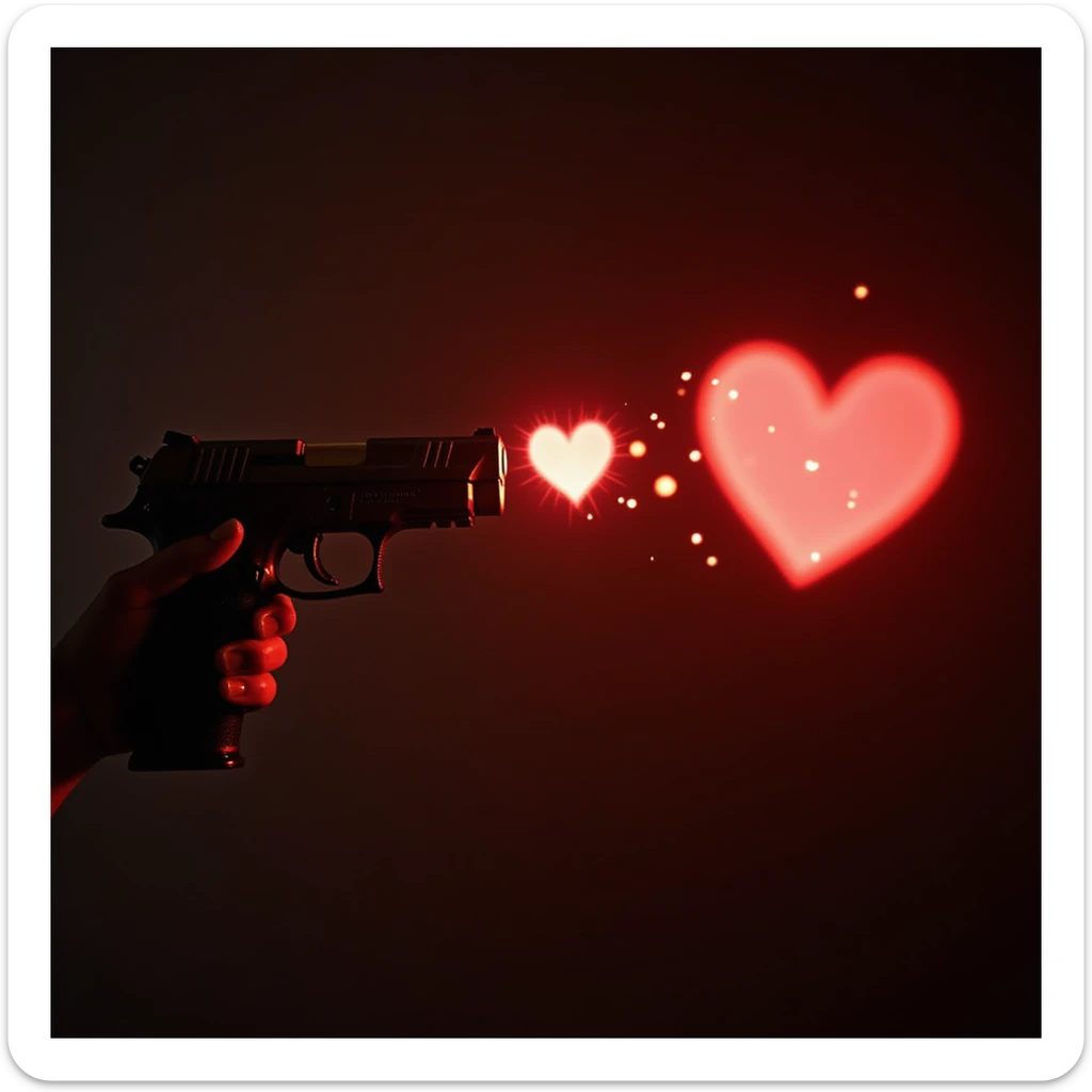 a handgun firing glowing heart-shaped bullets, photorealistic style sticker