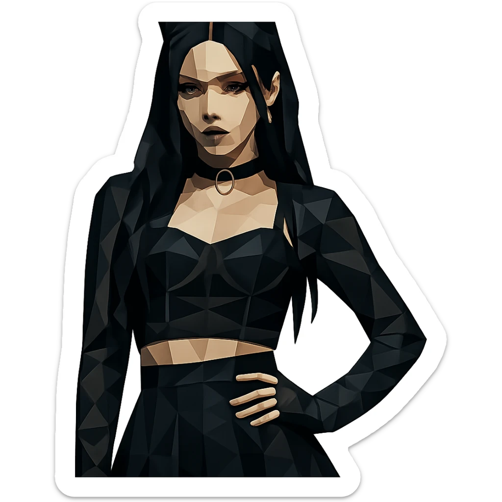 K-pop inspired gothic girl, polygonal style, geometric shapes, dark color palette, stylish stage outfit sticker