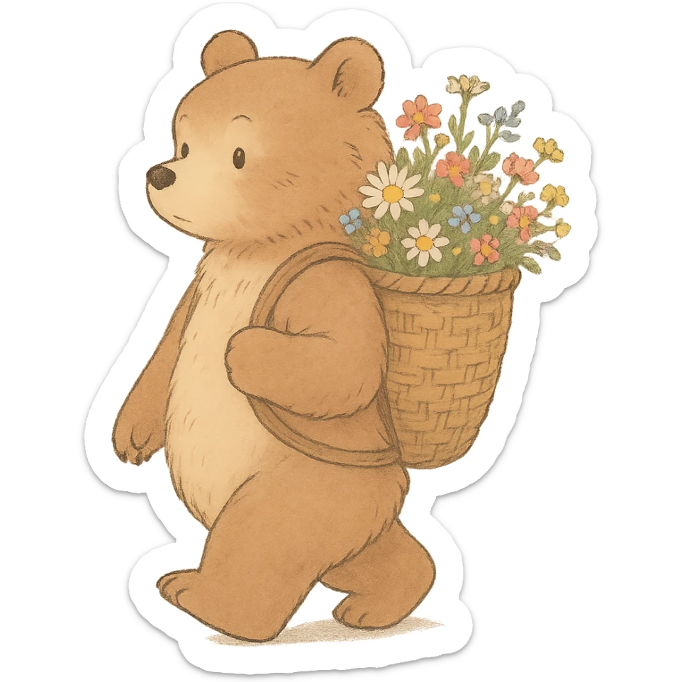 bear carrying a basket of wildflowers, soft pastel brown and cream, ghibli style sticker