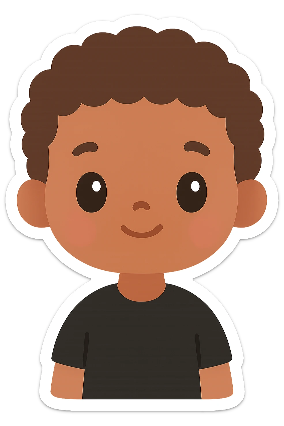 niño morenito, pelo corto y rizado, camisa negra, expresión amigable, colorful illustration style sticker