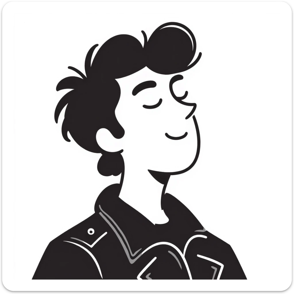 Hand-drawn portrait of a rockstar musician, face and upper body only, confident expression with half-closed eyes looking upward, knowing smirk, contemplative expression showing he's envisioning success sticker