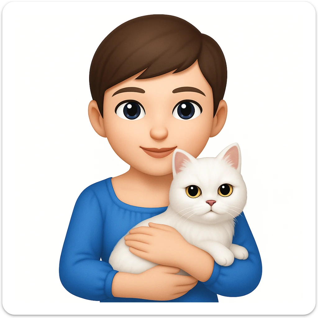Brunette woman snuggling white Persian cat, emoji style, wearing a blue dress, with a pixie cut sticker