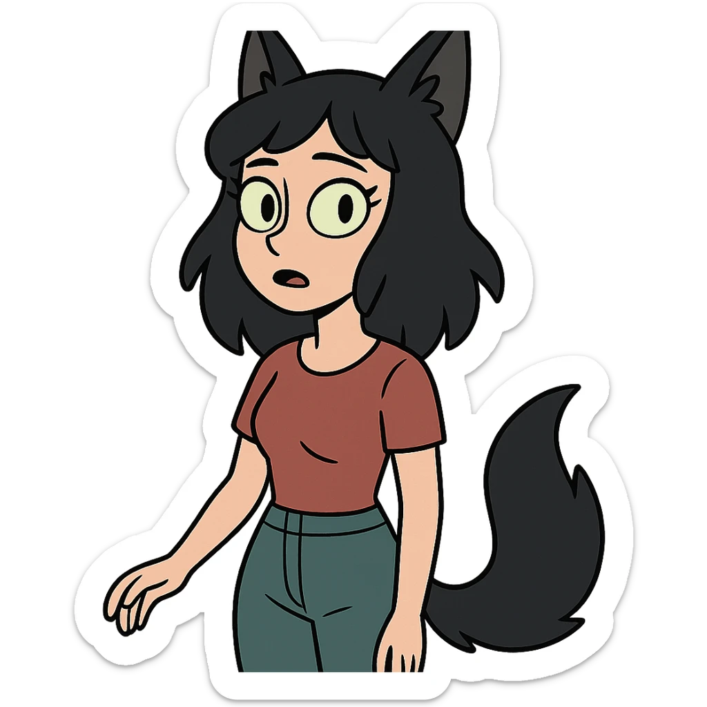 a girl with black fox ears and a tail, green eyes, dark hair sticker
