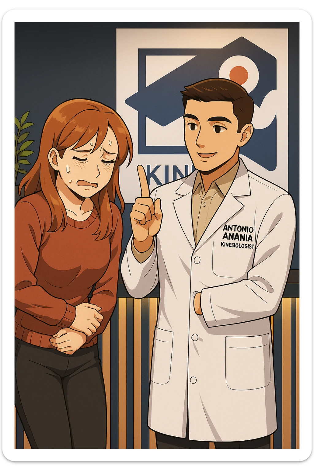 su questo stile fai un manga/webtoon a colori in cui una donna PREOCCUPATA FA UNA DOMANDA ALL'UOMO, l'uomo della foto in stile manga LE DICE DI "NO" CON IL DITO, mantieni un ambiente simile alla foto che ho allegato con il suo logo (sarebbe il suo studio, lui è un kinesiologo), scrivigli "ANTONIO ANANIA" sul camice bianco, non mettere fumetti, ma fai in modo che sembri che la donna CHIEDA ALLARMATA E L'UOMO LA TRANQUILLIZZI sticker