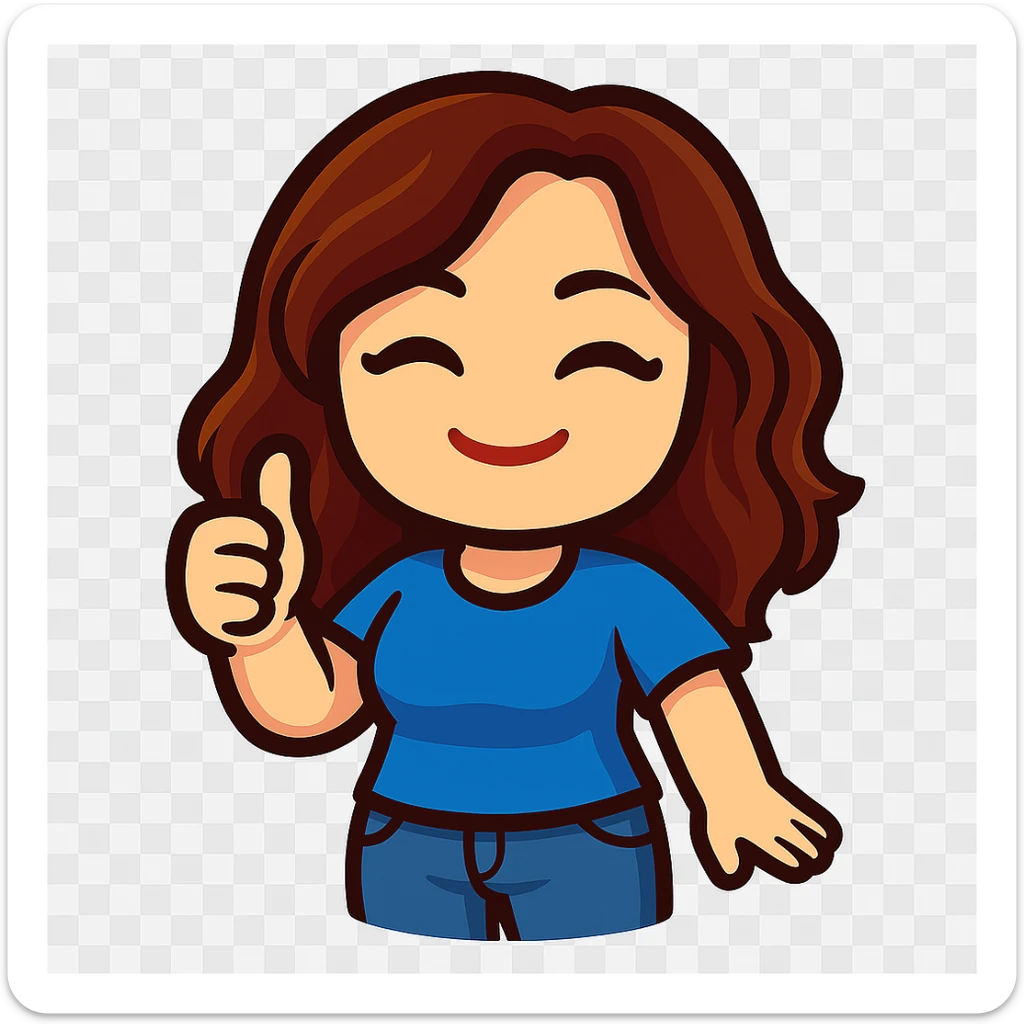 chibi emote of the woman from the reference images, wearing a blue t-shirt and jeans, giving thumbs up, no headband, no wand, transparent background sticker
