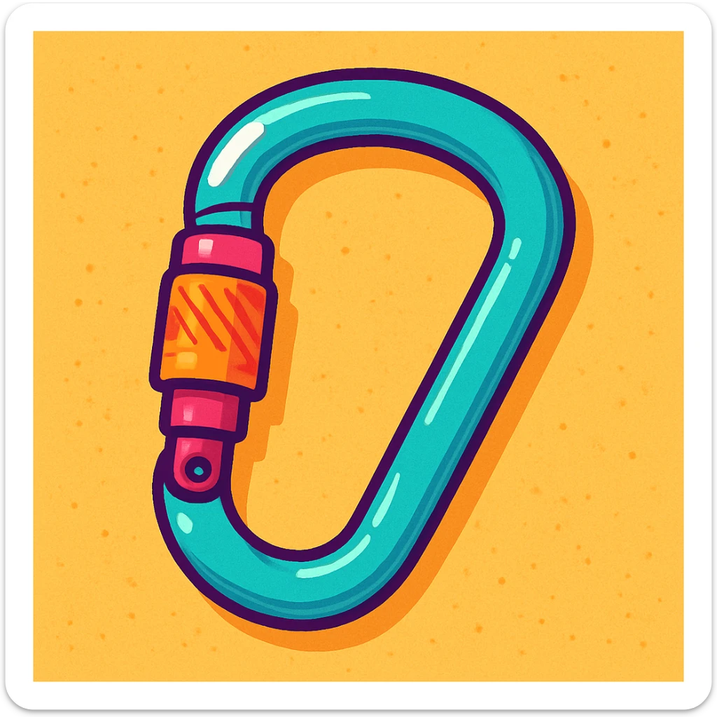 a carabiner for climbing, colorful cartoon style, playful, with a hint of shine sticker