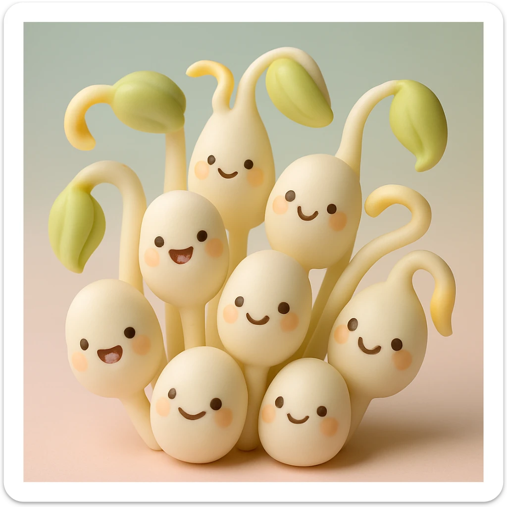 a bunch of bean sprouts with cute faces, fondant cake art style, pastel palette, no text sticker