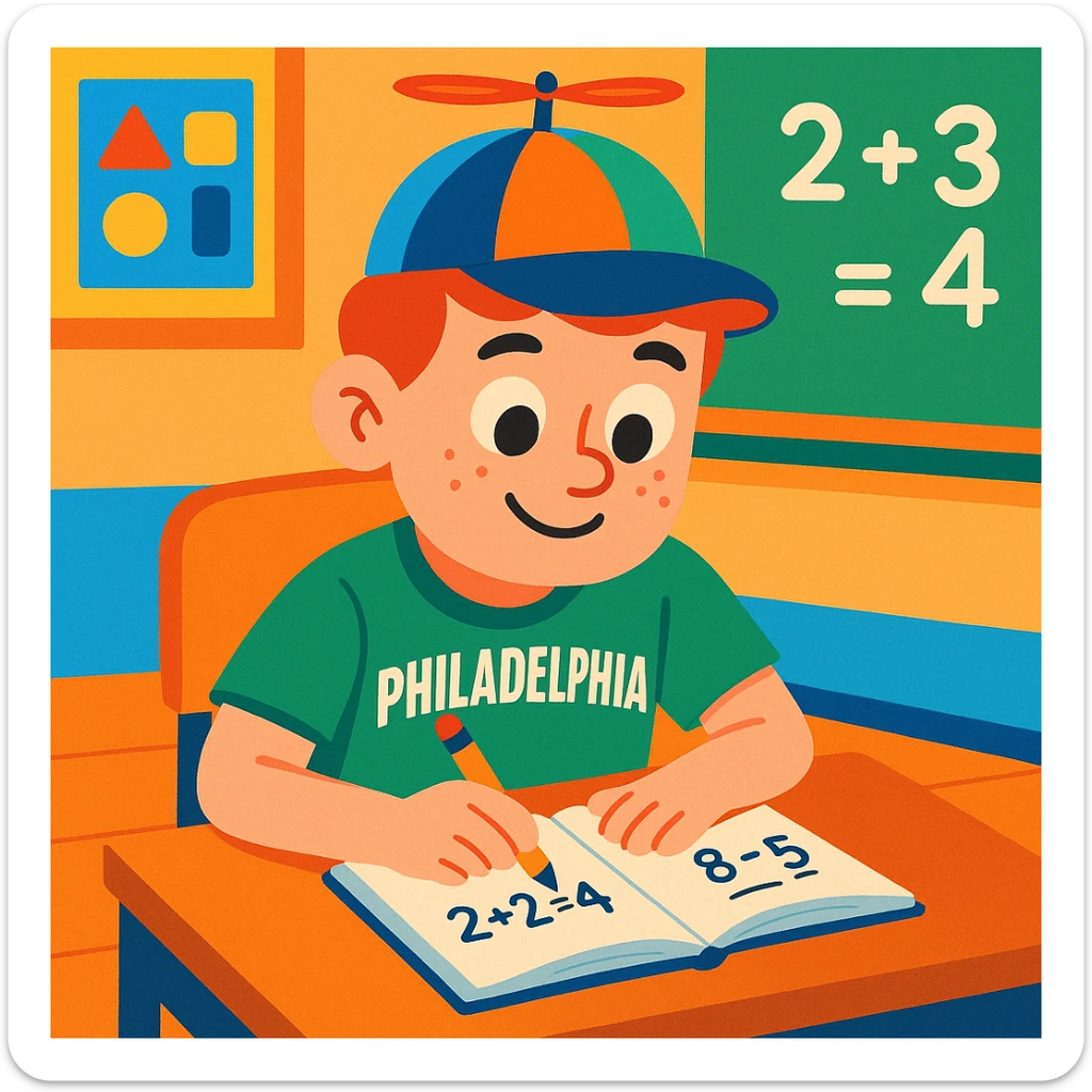 Little Johnny, propellor hat spinning, Philadelphia sports shirt, at a math classroom desk, neatly working, positive and studious atmosphere, colorful and friendly sticker