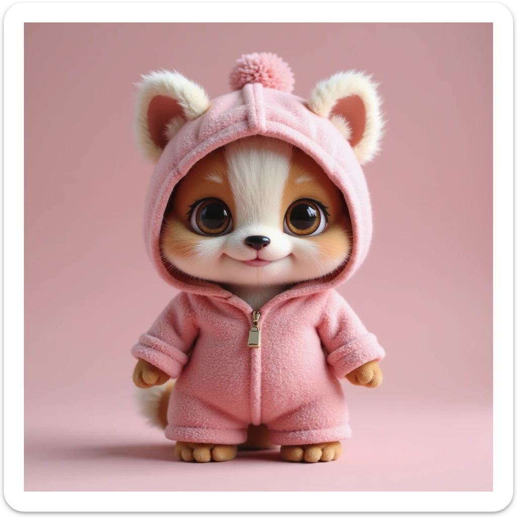 a cute animal in pink clothing, realistic fur and fabric textures sticker