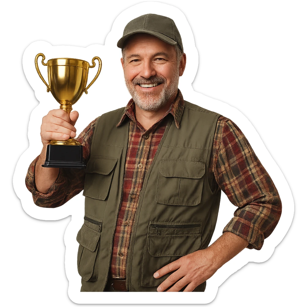 a fisherman proudly displaying a trophy cup, casual fishing attire sticker