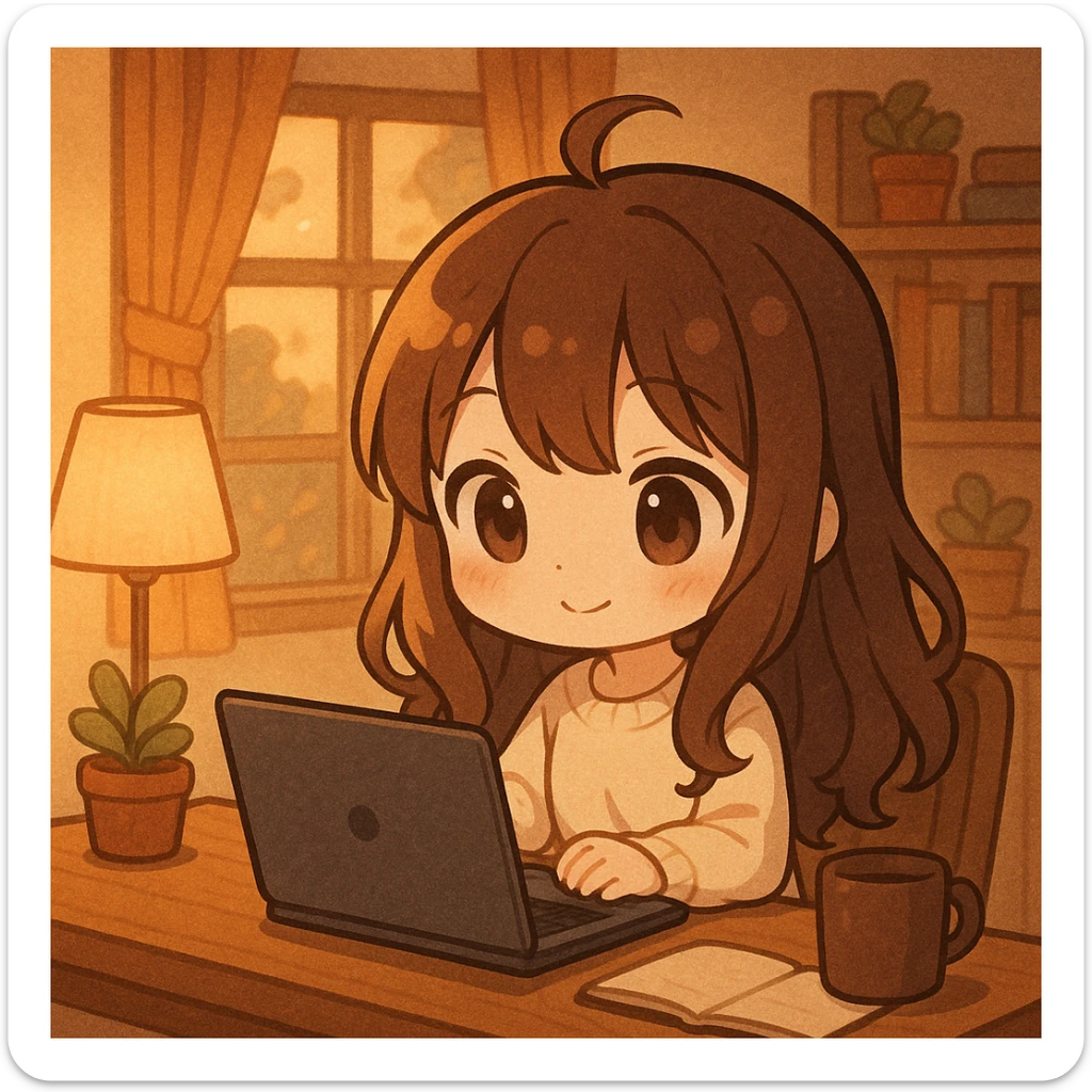 Add a laptop on the desk in front of the chibi girl, keeping the warm atmosphere. sticker