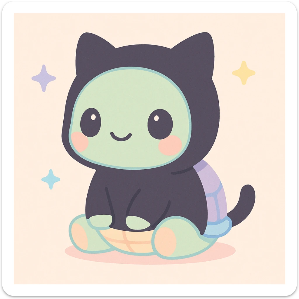 a tortoise with a black cat hoodie, cat ears poking out, and a little tail, sitting calmly sticker