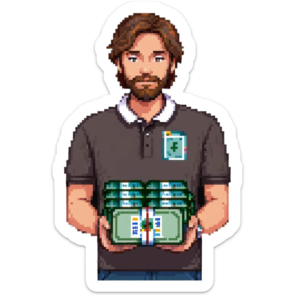 bearded brown-haired man in a polo shirt holding bundles of bills sticker