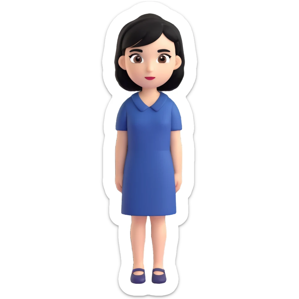 A girl with black hair, dark brown eyes, a beautiful face, short, straight hair to the shoulders, and a navy blue dress. sticker