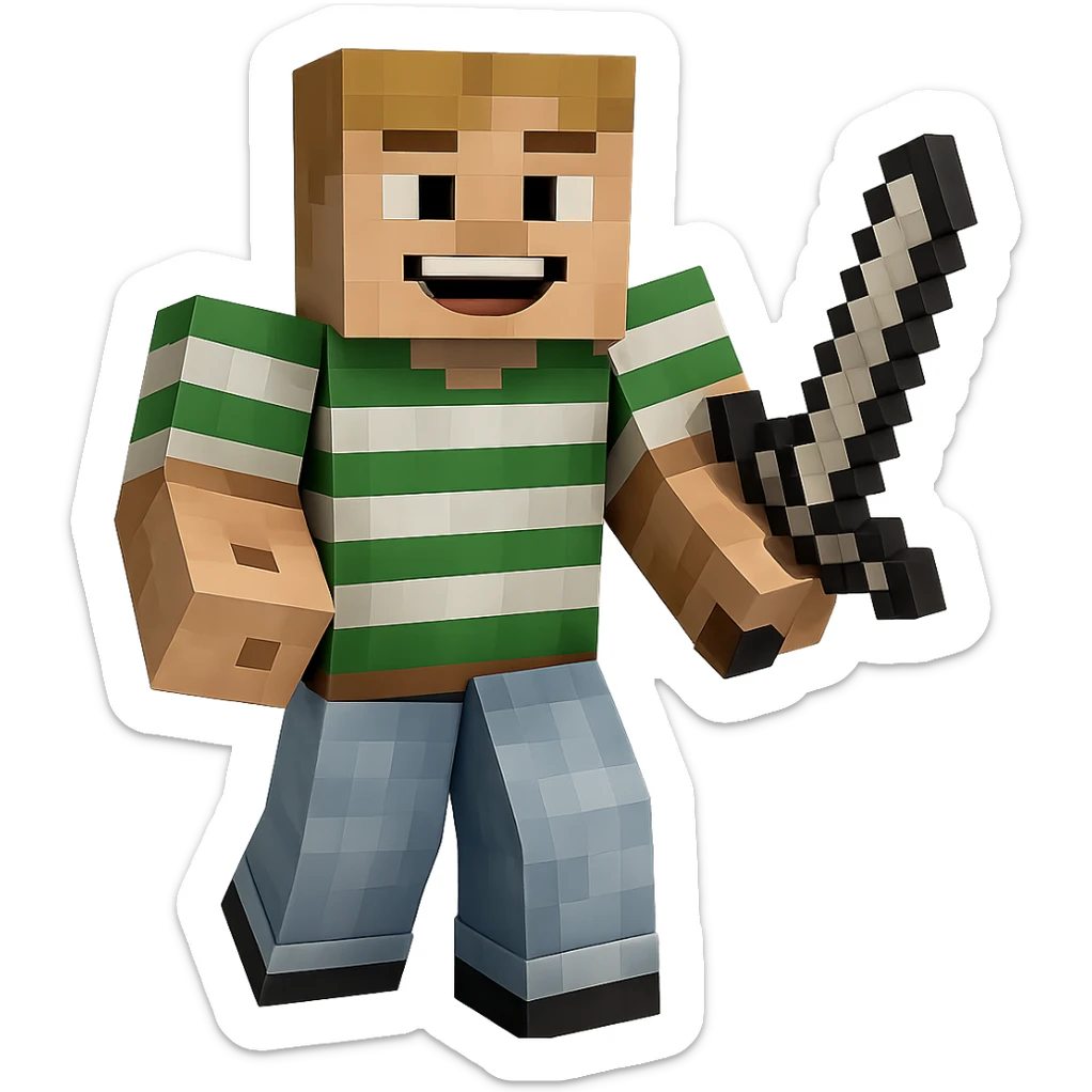 Edit the Minecraft character in the green striped shirt to have a happy, wide smile facial expression. Keep the pose, outfit, and quality exactly the same. Transparent background. sticker