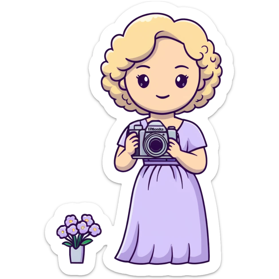 señora rubia de rulos de 50 años con cámara Nikon y vestido largo blanco con flores lilas sticker