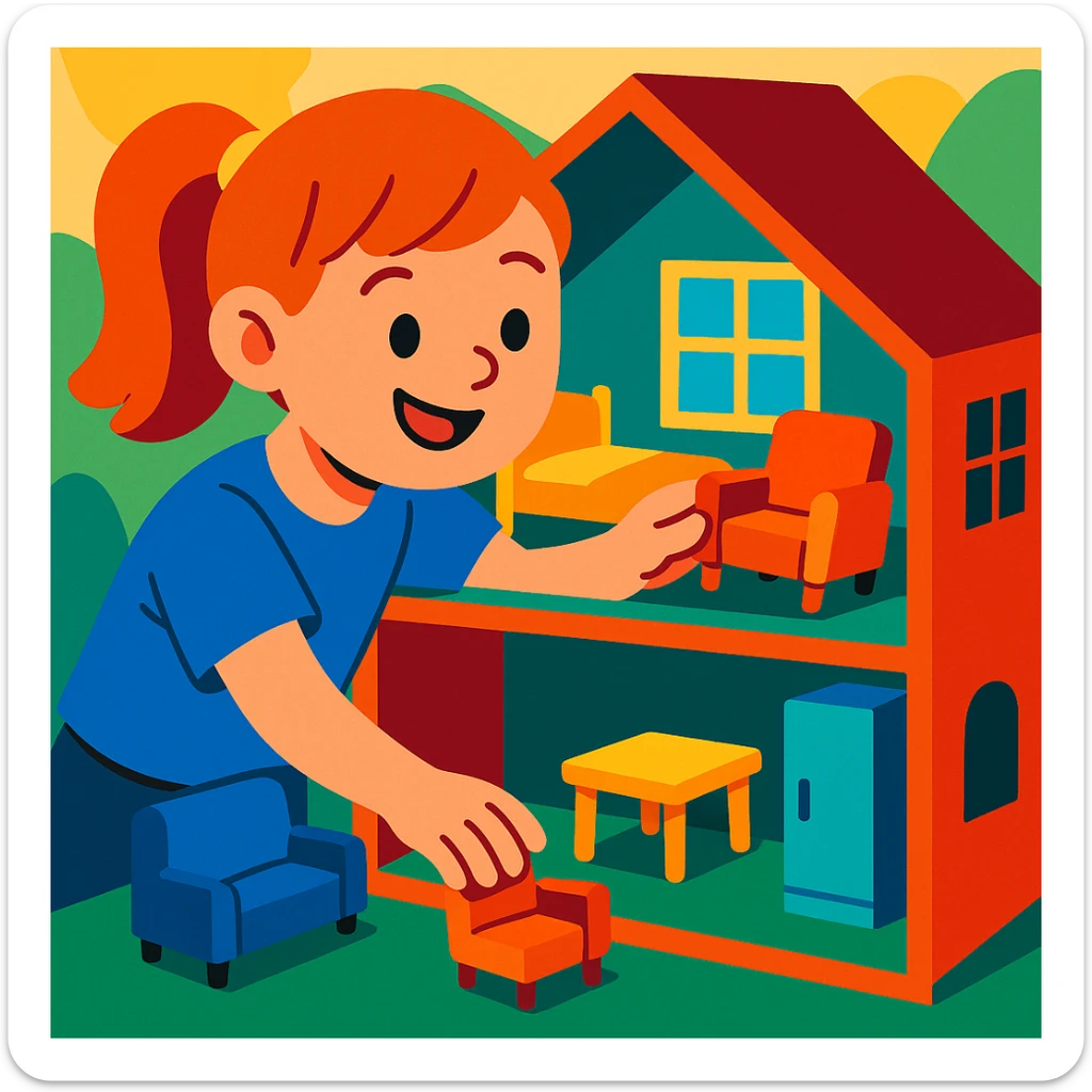 smiling girl arranging furniture in doll house sticker