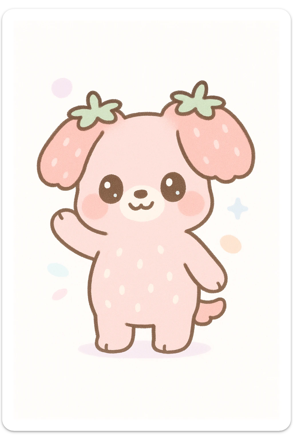 strawberry dog standing, waving, strawberry top as ears, soft and fuzzy, kawaii style sticker