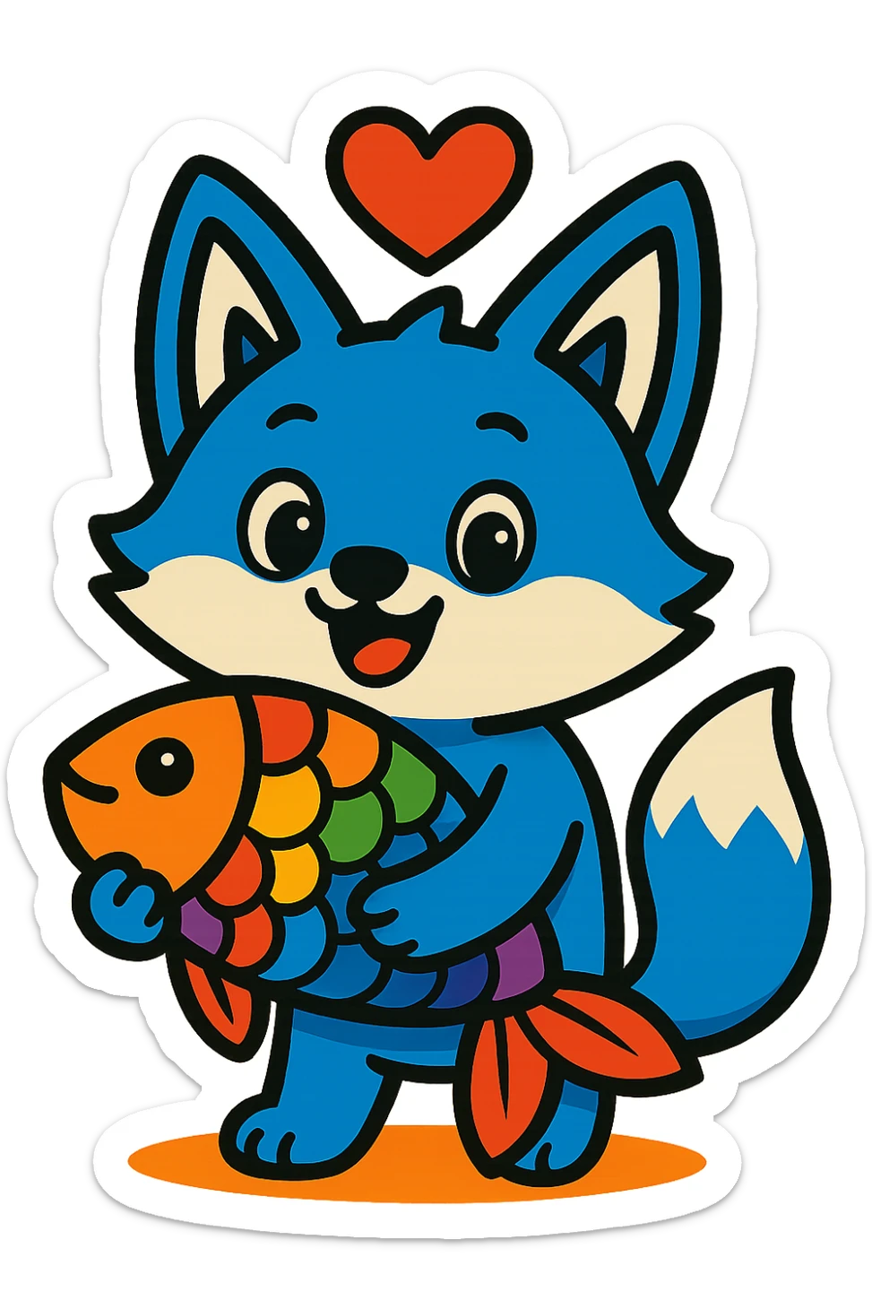 Add a red heart above the blue fox and rainbow fish in vibrant toon style. sticker