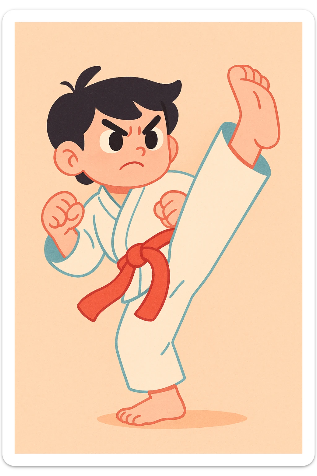 karate kid performing a high kick, red belt, determined face, dynamic action, anime style sticker