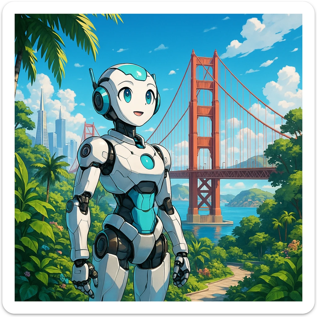 Anime-style AI robot in a futuristic San Francisco paradise, lush greenery, blue skies, hopeful atmosphere sticker