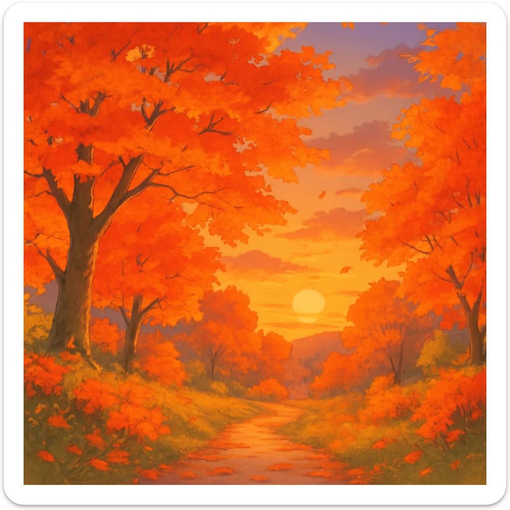 fall season sunset with vibrant autumn colors, colorful leaves, cozy atmosphere in ghibli style sticker