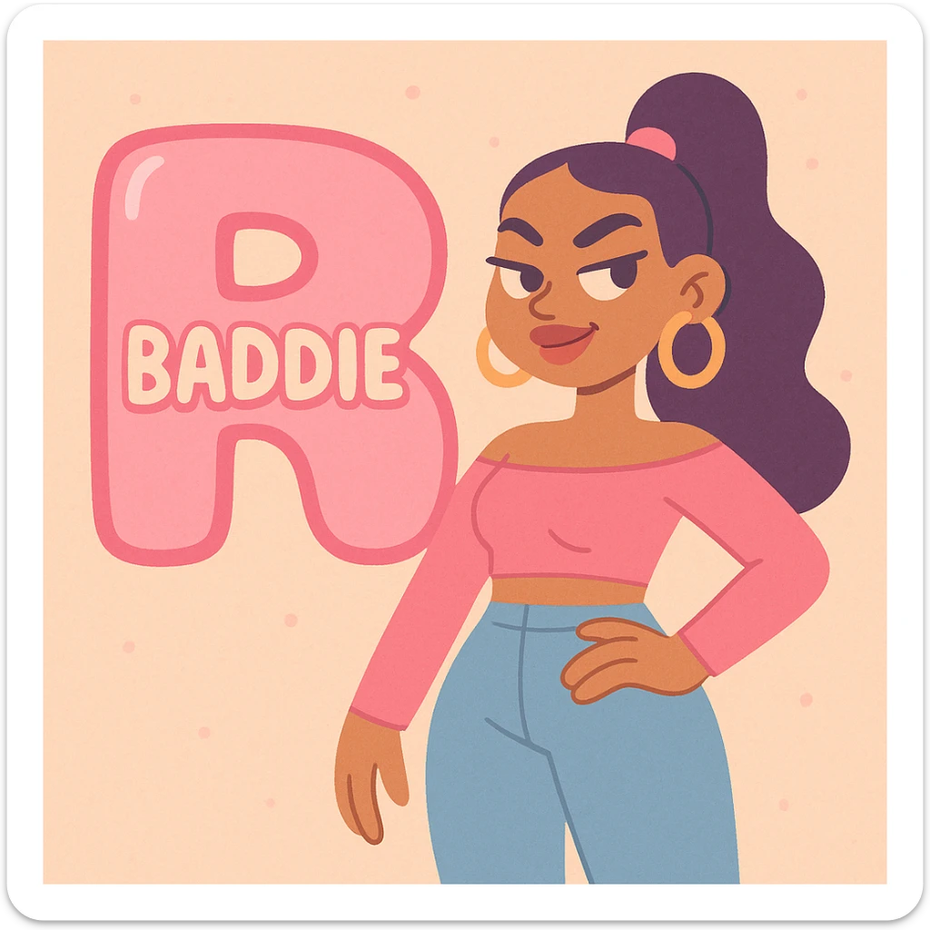 pink bubble letter R with 'baddie' written on it, soft pastel illustration style sticker