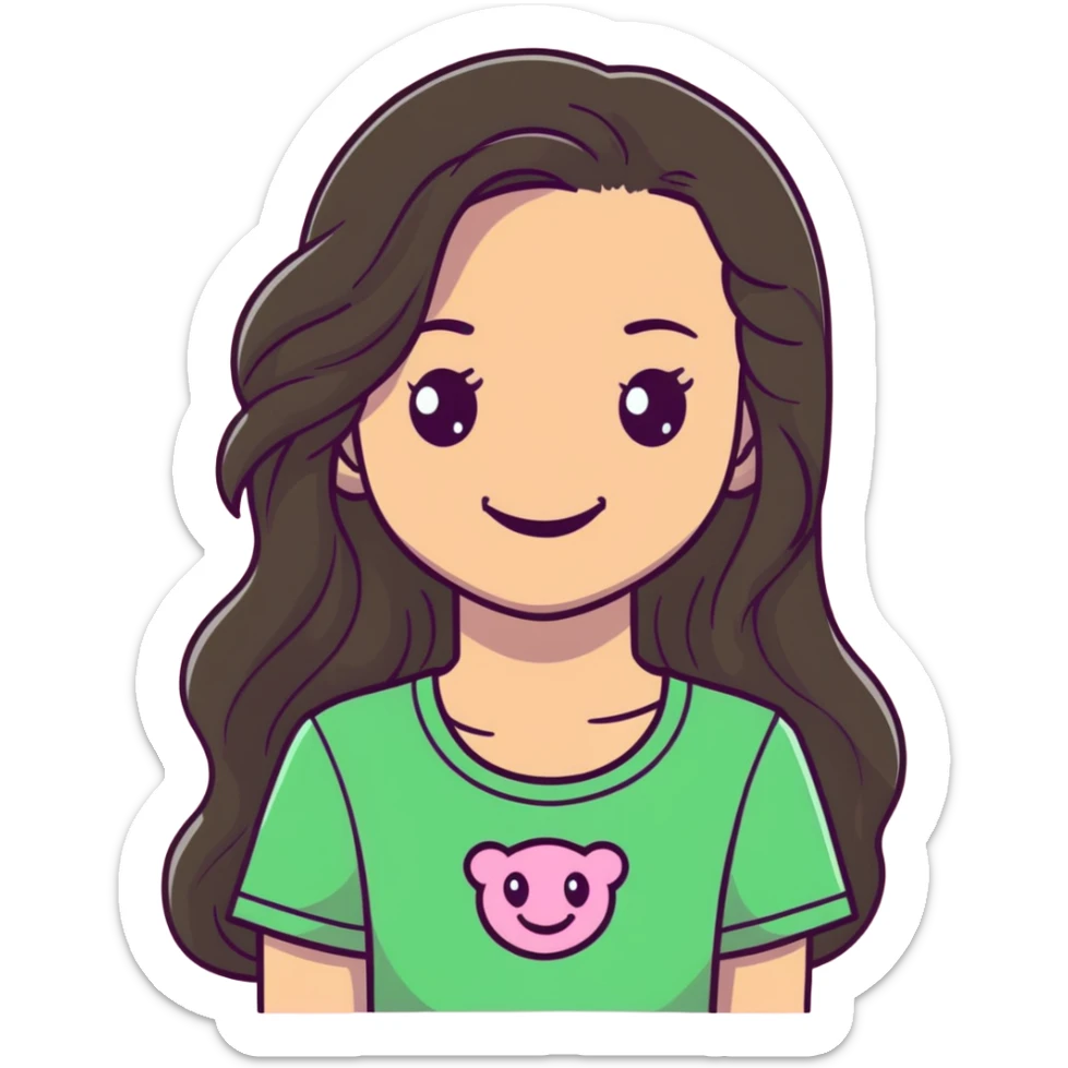 Green eyed girl long dark brown straightish wavy hair wearing a light pink tshirt and smiling sticker