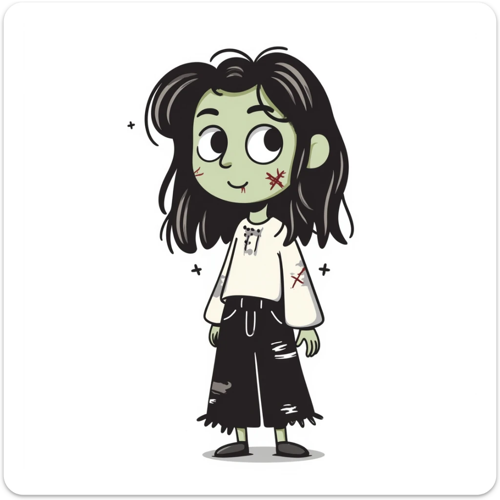 Girl zombie with messy long brown hair, stitches on face, pale green skin, and torn clothes sticker