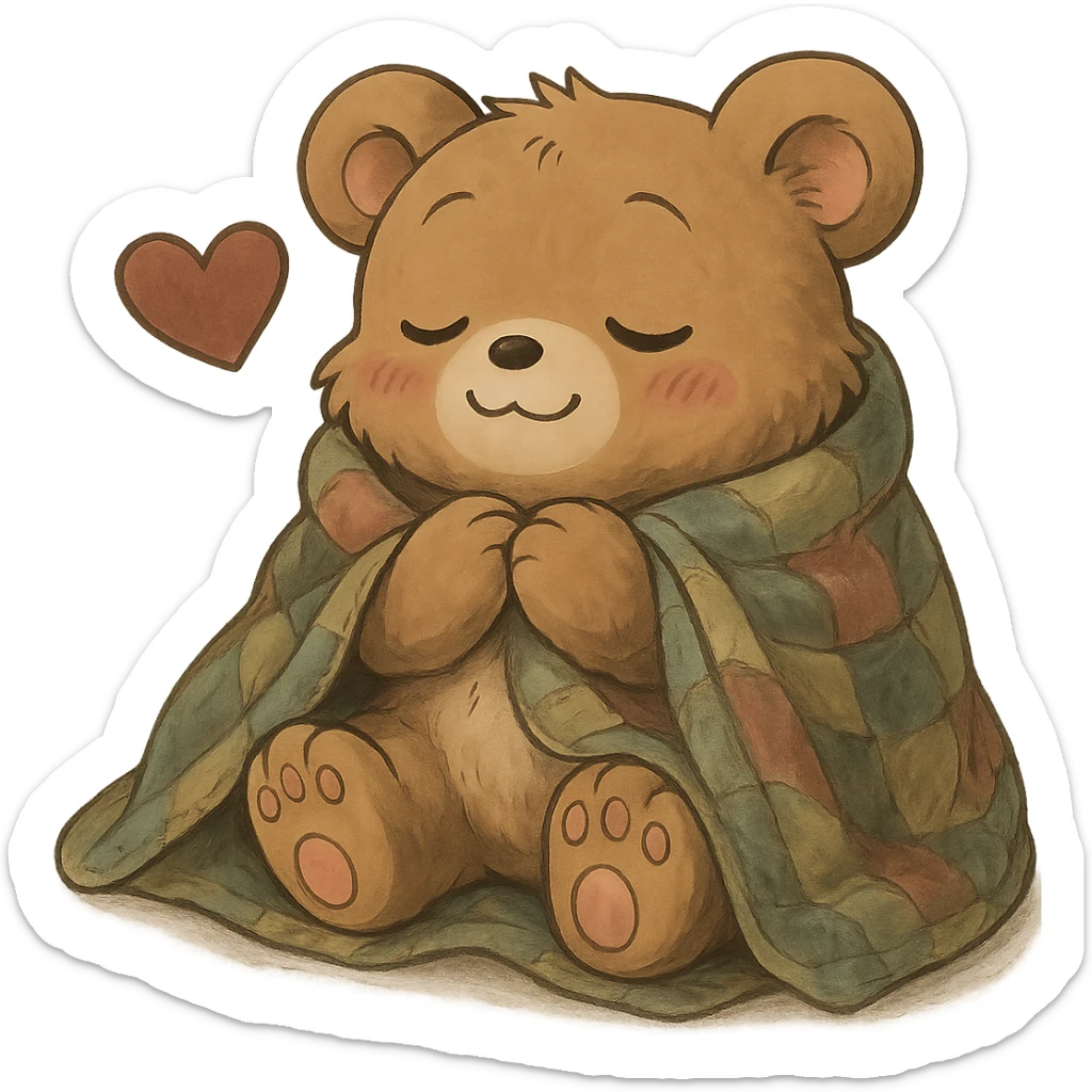 Add a cozy blanket to the anime style cute bear showing love, keep the background transparent sticker