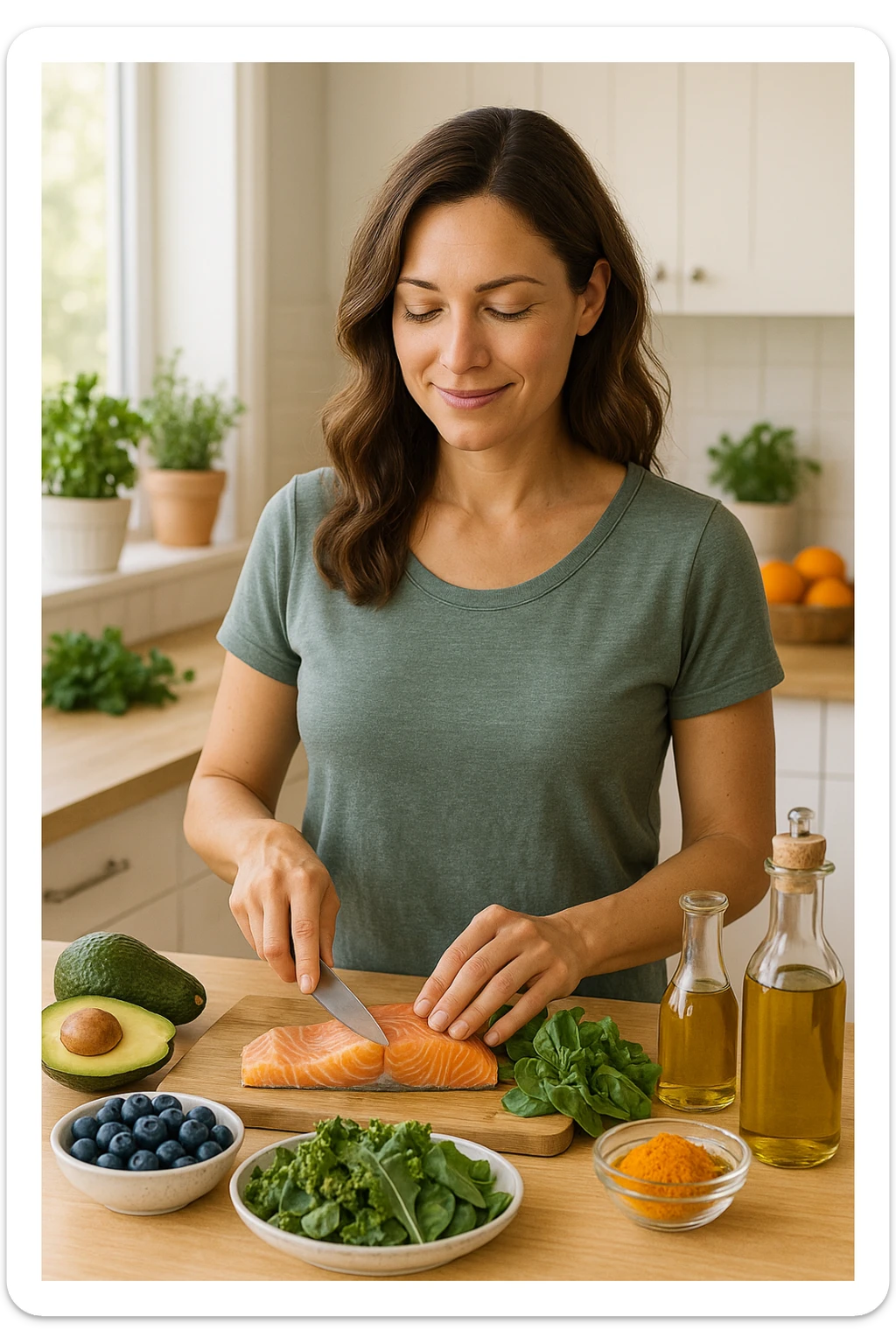 Donna tra i 30 e i 40 anni in una cucina luminosa, serena e sorridente, mentre prepara un pasto a base di cibi antinfiammatori: avocado, mirtilli, salmone selvaggio, verdure a foglia verde, olio d’oliva, curcuma. Il piano cucina è ordinato, ricco di colori naturali. Sullo sfondo: erbe fresche, frutta, una tisana allo zenzero. La donna appare in forma, rilassata e consapevole delle sue scelte. Atmosfera calda e armoniosa, luce naturale. Stile realistico, tono positivo e ispirazionale sticker