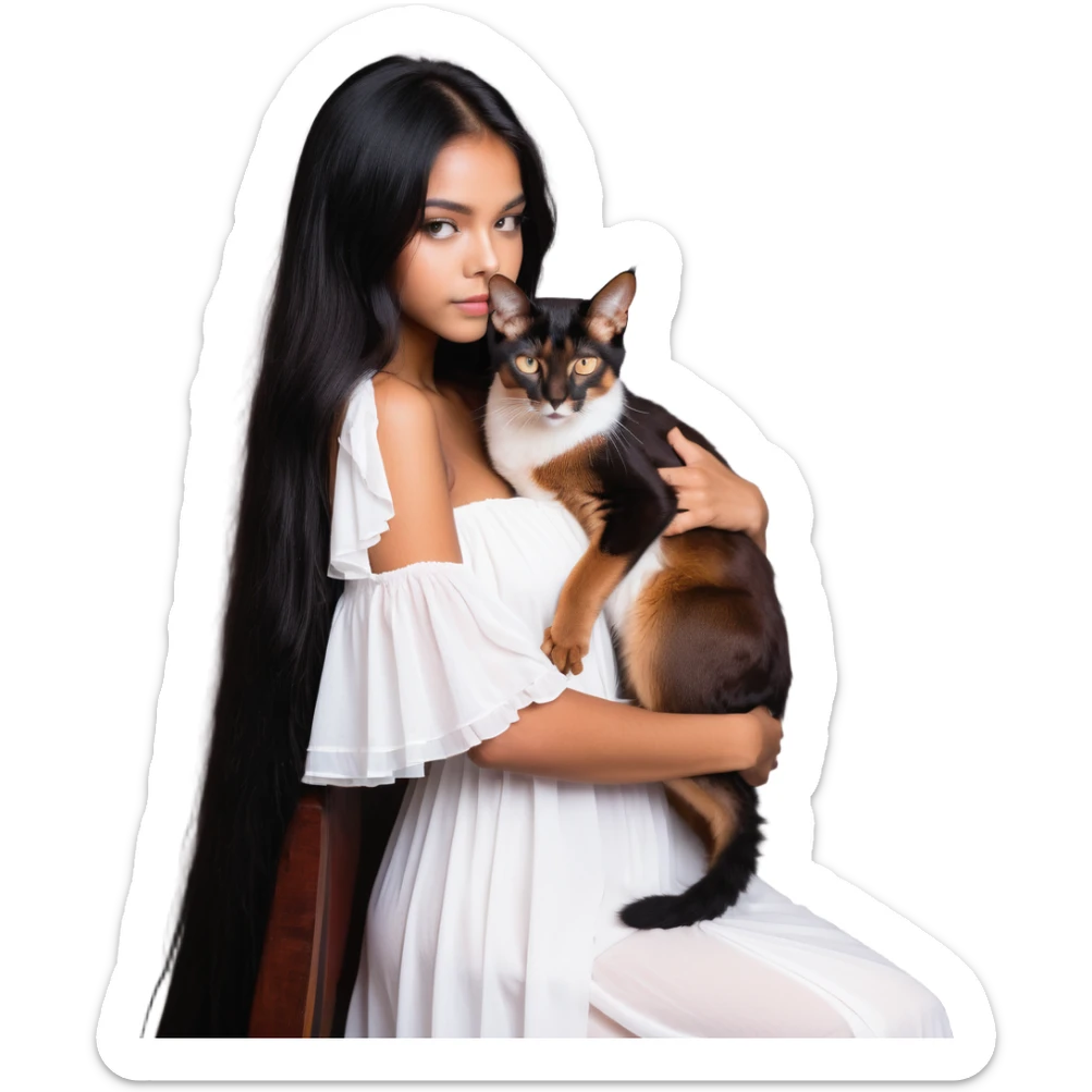 beautiful girl with long black hair in a white dress cuddling an Abyssinian cat with reddish-brown fur sticker