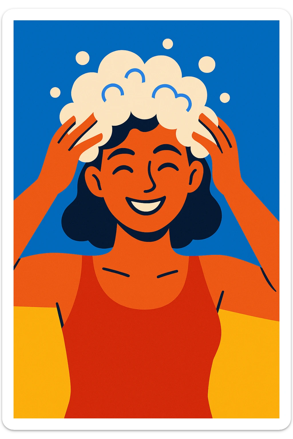 woman with shampoo foam in hair, clean and cheerful, upper body, modern illustration, vibrant colors sticker